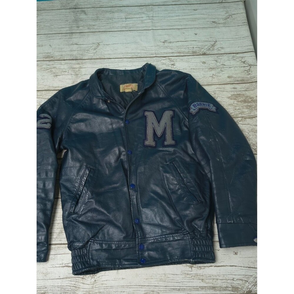 Vtg Prime Sports Made in Canada Blue Leather Letterman Jacket Men Size 36